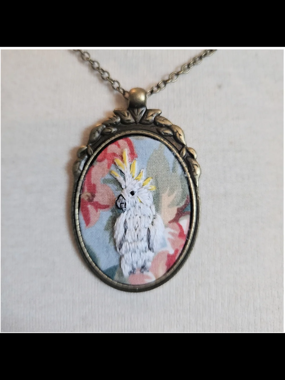 Cockatoo Pendant Necklace Hand Embroidered On Vintage Fabric One If A Kind